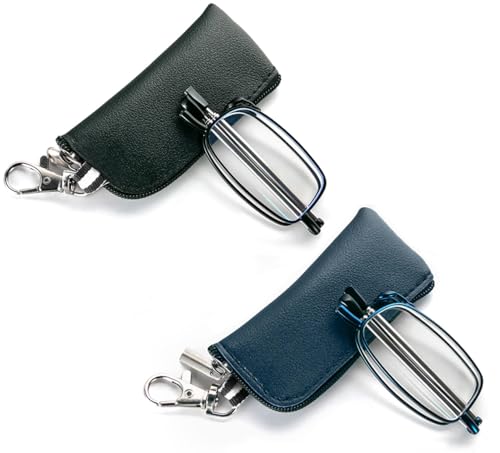 Paquete de 3 lentes de lectura plegables con llavero, bolsa compacta, para hombres y mujeres, bloqueo de luz azul, bisagra de resorte, lector de bolsillo portátil, negro/azul, 2.25