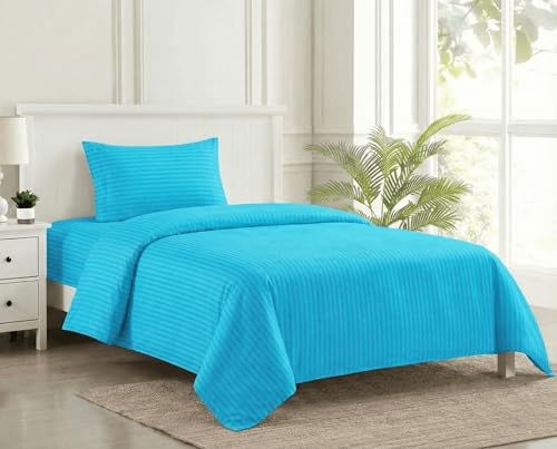 Image of Trance Home Linen 100% Cotton 200 TC Satin Stripe Single Bedsheet with Pillow Cover | Fade-Resistant, Soft & Hypoallergenic |Flat Bedspread for Single Mattress - (54 x 90 inch, Aqua Turquoise Blue)