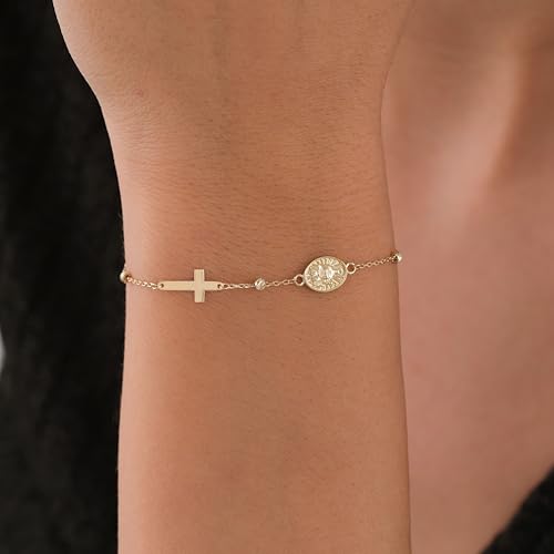 Image of MIONZA Catholic Medal Cross Bracelet for Women | 14K Gold Plated or Solid Gold, Religious Rosary Jewelry, Choose Your Saint Medal Bracelet