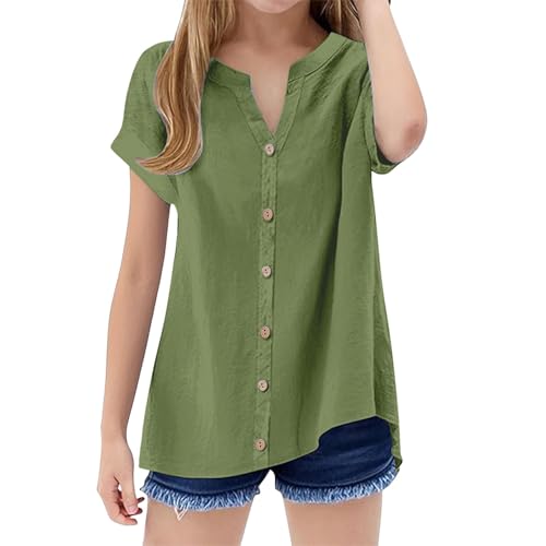 Girls Short Sleeve T Shirts Casual V Neck Button Chiffon Blouse Tops Toddler Girls Summer Plain Colour T-Shirt