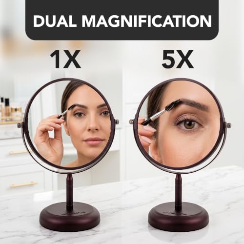 Image of OVENTE 7'' Makeup Mirror with 1X /5X, Antique Bronze MNLDT70ABZ1X5X | Tabletop 360 Swivel Design and Double-Sided Free-Standing Vanity Perfect for Dresser, Bedroom and Office Desk