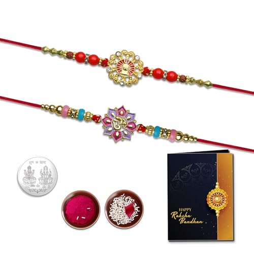 Image of Oblivion Shiva Design Rakhi Set of 2 for Brother in Purple Floral Finish with Silver Colour Coin, Pooja Coin, Tilak Set and Greeting Card for Raksha Bandhan