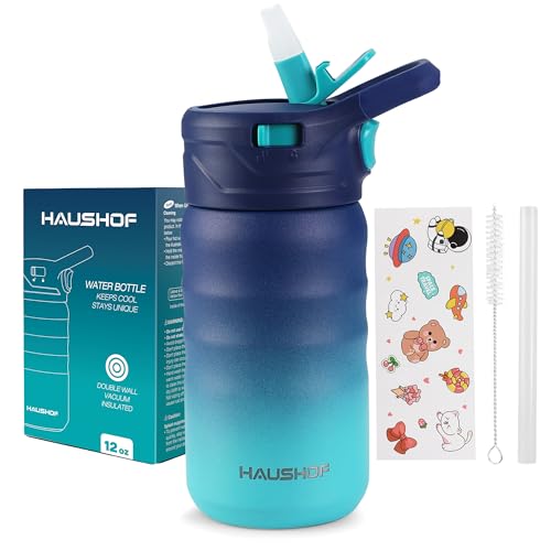 HAUSHOF Kids Water Bottle 12 oz BPA-free with Straw and Stickers, Stainless Steel Vacuum Double Wall Insulated cup with Leak Proof for school, Gift, Boys (Blue and Green) Blue and Green 12 O