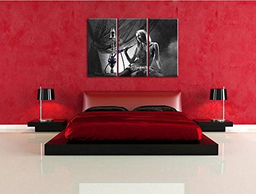 Frau mit Shisha schwarz/weiß auf 3-Teiler Leinwandbild 120x80 Bild auf Leinwand, XXL riesige Bilder fertig gerahmt mit… – Bild 4