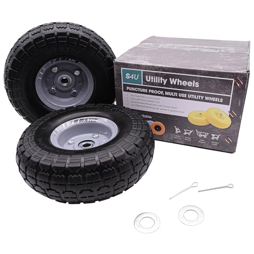 S4U 2x10” Sack Barrow Hand Truck Trolley Cart Wheelbarrow Solid Wheel 3.5-4 PU Heavy Duty Puncture Proof 16mm Bearing Wheel Nylon locking nuts (Black)