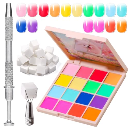 Ombre Gel Nail Polish 16 Colors, UV/LED Curing Neon Pat Painting Patting Gels with Sponge Applicators for Blush Blooming Floral Aura French Manicure DIY Nail Art Palette