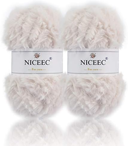 NICEEC 2 Skeins Super Soft Fur Yarn Chunky Fluffy Faux Fur Yarn Eyelash Yarn for Crochet Knit -Total Length 2×32m(2×35yds,50g×2)-Cream White