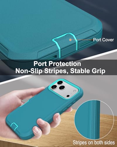 Image of for iPhone 17 Pro Max Case with Port Cover, Rubber Matte, Teal | 3-Layer Heavy Duty Armor, 16ft Drop Protection, Non-Slip Shockproof & Anti-Fingerprint