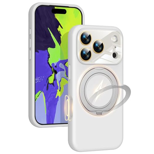 Image of Silicone 360 Spin Magnetic Stand Case for iPhone 17 Pro, [Compatible with Mag-Safe][Reinforced Hard Camera Protection] Liquid Silicone Rubber Phone Case Cover with Ring, Camera Button, White