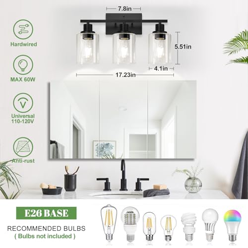 Image of MOKATNG 3-Light Bathroom Light Fixtures, Vanity Light with Clear Glass Shades, Matte Black Bathroom Light Fixtures Over Mirror, Modern Bathroom Wall Lamp for Mirror Living Room Cabinet Bedroom