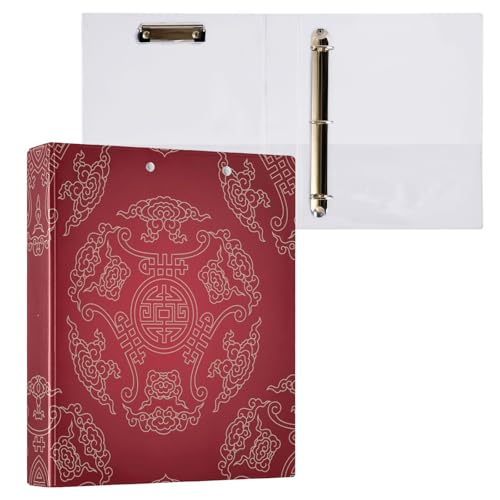 リングファイル ルーズリーフ バインダー a4 中国風 中華風 赤 レッド Dリング 3穴 200枚収納 クリップ&収納ポケット付き 書類整理 事務用品