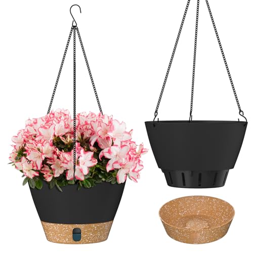 ZMTECH Hängetopf für Pflanzen, 25cm Blumentopf Ampel Hängend, Kunststoff Hänge Blumentopf mit Untersetzer für Außen Draußen Deko für Garten Balkon Wohnzimmer(2er-Set, Dunkelgrau)
