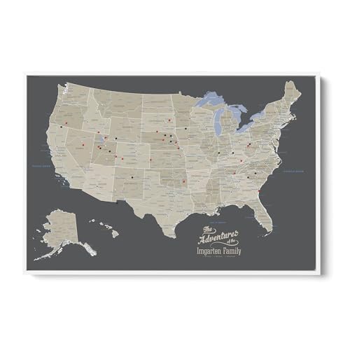 Image of United States Travel Map with Pins - Earth Tone USA Pinnable Map to Track Travels - Canvas Wall Art Gift for Travelers - White Float Frame - 24 inch x 36 inch