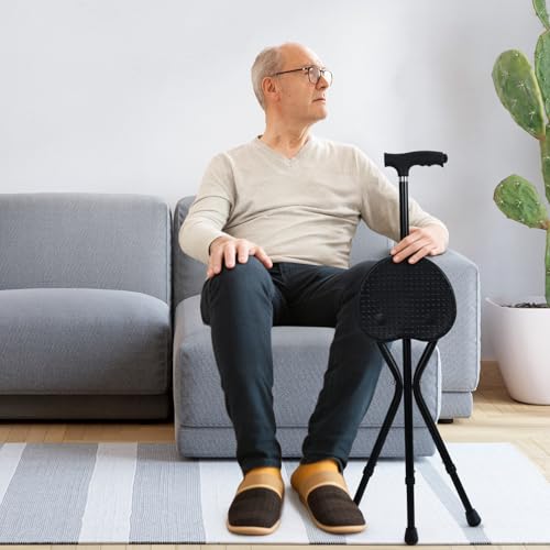 Bastones Plegables con luz y Asiento, bastón Ajustable en Altura para Personas Mayores, Silla con muletas de aleación con Piedra magnética terapéutica Bastón Resistente con Asiento Plegable 440 LB