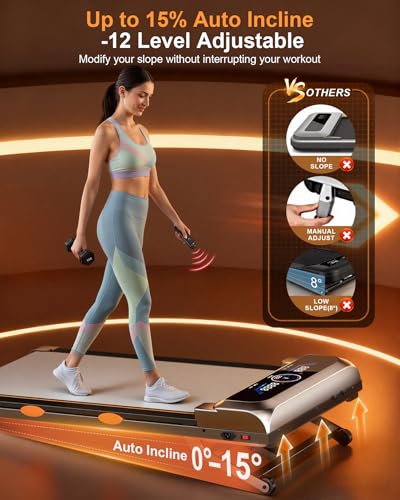 Image of Walking Pad Treadmill with 15% 12-Level Auto Incline & UI Screen, Trisomy 3.5HP Foldable Under Desk Treadmill with Bluetooth Speaker, Portable Treadmills for Home Office 450LBS, Remote, RGB Light