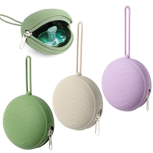 Image of 3 Pack Silicone Pacifier Holder Case, BPA-Free Cover Pouch for Baby, Portable Storage Container for Diaper Bag Stroller, Travel Outdoor Activities, Easy to Clean (Green, Grey, Purple)