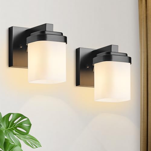 Image of 4.72 Inches Bathroom Vanity Lights, 1-Light Black Bathroom Llight Fixtures Over Mirror with Milky White Square Glass Shade, Modern Farmhouse Bathroom Wall Lamp, Wall Sconces Set of Two