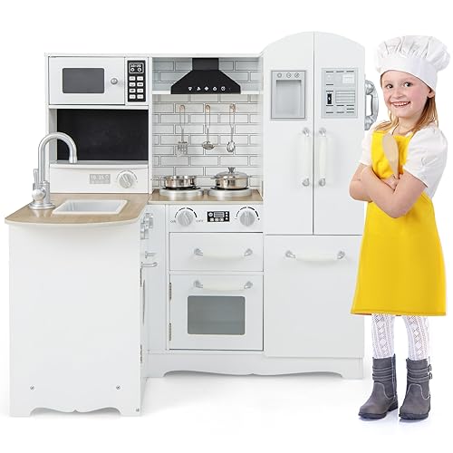 GYMAX Cucina per Bambini, Cucina da Gioco ad Angolo, con Frigorifero, Fornello a Induzione, Lavatrice, Forno a Microonde, Cappa da Cucina, Telefono e Lavagna, per Bambini 3 Anni +