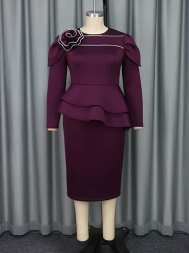 AOMEI Women's Purple Crewneck Flower Long Sleeve Asymmetric Peplum Bodycon Business Dress4