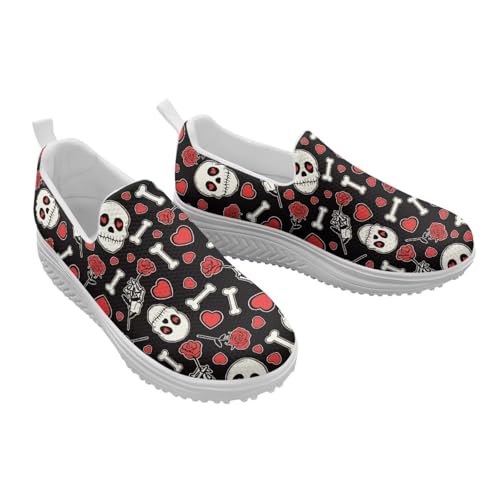 Skull Design Women's Slip-On Platform Loafers Mesh Non-Slip Rocker Bottom Sneakers Standing All Day Comfort