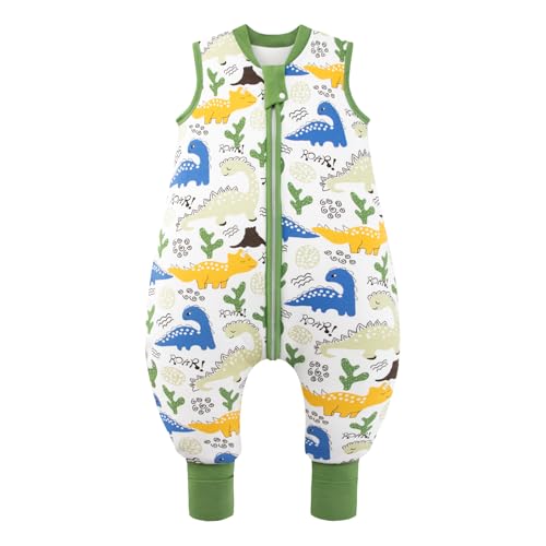 MIKAFEN Baby Schlafsack Winter mit Füßen 2.5 Tog 100% Baumwolle Kinder winterschlafsack für Jungen und Mädchen 80/Höhe85-95cm,Grüner Dinosaurier
