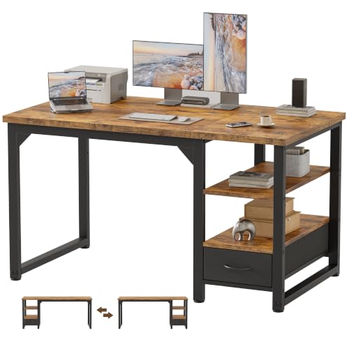 Image of Mericonia 48 in Computer Desk with Drawer, 1 inch Thick Reversible Office Desk | Modern Writing Table with Storage Shelves, Heavy Duty Industrial Study Desk for Home Bedroom Work