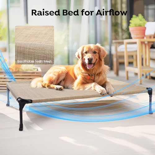 Veehoo Outdoor Hundeliege erhöht, Hundebett Erhöht mit abnehmbarem Bloster Kühlendes Erhöhtes Hundebett mit Atmungsaktivem Teslin-Netz für Haus und Garten, Beige 81 x 64 x 18cm