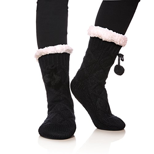YEBING Women's Diamond Cable Knit Super Soft Warm Cozy Fuzzy Fleece-lined Winter Slipper Socks (Black)
