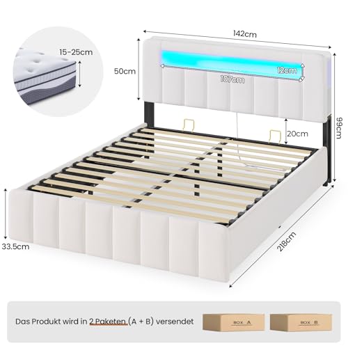 AOGLLATI Polsterbett 140x200 mit Stauraum,Hydraulisches Bett mit LED-Bleuchtung und Ladestation Jugendbett Doppelbett Bettgestell mit Kopfteil aus Samt-Ohne Matratze (Beige Samt, 140x200cm)