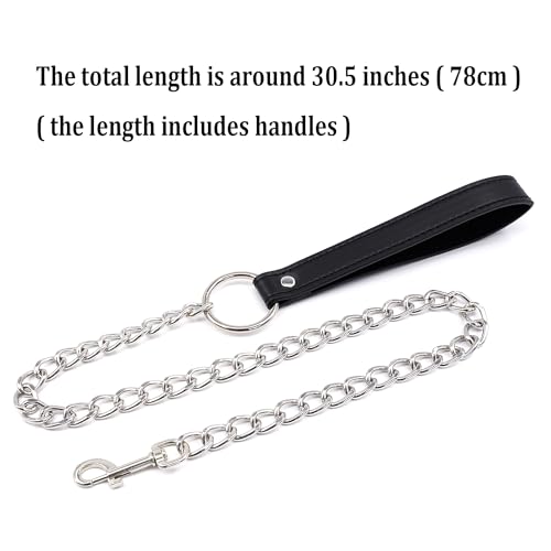 Image of Fur-lined Black Leather Bondage Collar and Leash Set, Leather Bondage Toys Sex Collar with Chain Leash for SM Games