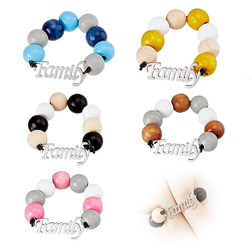 SUPERFINDINGS 5 Pcs 5 Couleurs Perles en Bois Ronds de Serviette à la Main Porte Serviettes Anneaux avec Lettre Tag Porte Serviettes Ornements Mot Famille Bois Perlé Rond de Serviette