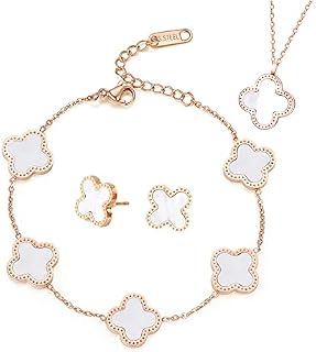 ESTART Four-Leaf Clover Jewelry Set, Gold Plated Titanium Steel Necklace Stud Earrings Bracelet Dainty Enamel Jewelry Set for Teen Girls Women with Jewelry Box