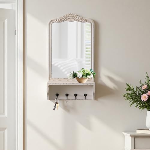 Sintosin Vintage Mirror with Shelf and 4 Hooks 30 X 16 Inch