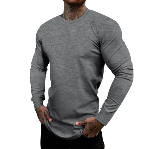 Camiseta deportiva para hombre, manga larga, cuello redondo, elástico, cómodo, transpirable, de secado rápido, camiseta deportiva de manga larga, gris oscuro, XL