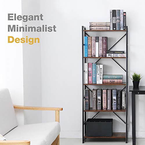 Haton Bookshelf, 5-Tier Wood Bookcase with Metal Frames, 5-Shelf Industrial Storage Shelf Organizer, Modern Tall Display Shelf Racks Open Wide Standing Shelving Unit for Home Office Study 62-inch - Thumbnail 7