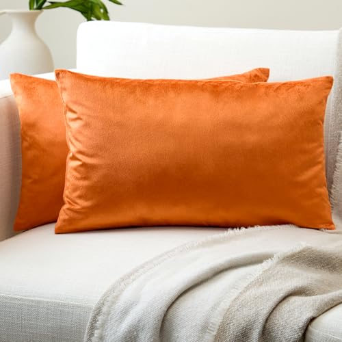 Image of Encasa XO Velvet Throw Pillow Covers 12x20 in (30x50 cm) - Orange - No Inserts, Pack of 2 Cases | Solid Plain Dyed Soft & Smooth, Square Decorative Cushion Covers for Living & Bedroom