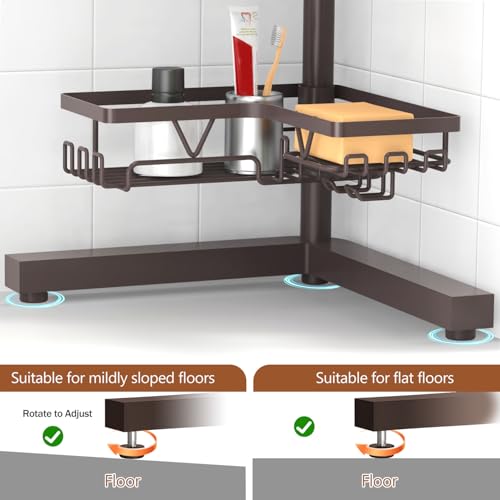 Image of KEGII Floor Corner Shower Caddy Standing, Rustproof 4-Tier Shower Shelf Organizer with Hooks & Soap Holder, Free-Standing Bathroom Storage Rack for Shampoo & Toiletries, Bronze