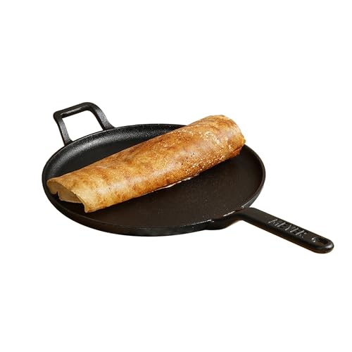 Meyer Pre-Seasoned Cast Iron Flat Dosa, Roti, Chapati Tawa Pan with Stick Handle, Dosa Kallu, Iron Tawa Big Size, Gas and Induction Compatible | 28cm, Black