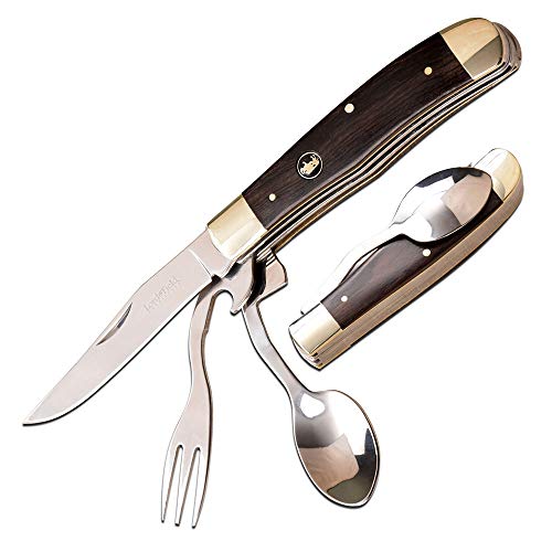 Elk Ridge - Outdoors - Stainless Steel Multi-Function Pocket Knife, Fork, Spoon and Bottle Opener, 4-in-One Tableware, 4-in Closed, Wood Handle - Camping, Hunting, Survival, Multi-Tool - ER-439W