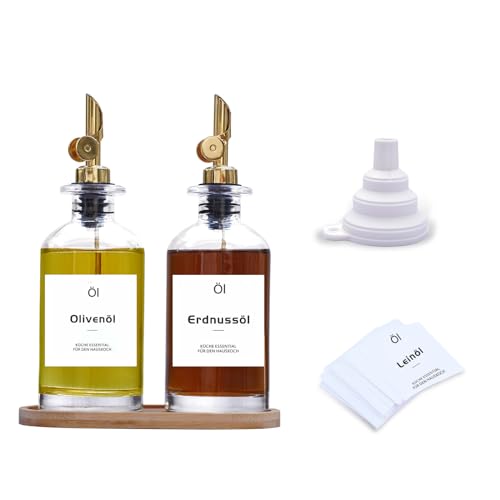 sunal Essig und Ölflaschen Set,Küche Öl und Essigspender mit Beschwertem Ausgießer,2er Pack Golden Kaffee Sirup Spender Aus mit Wasserfestem Etikett, Trichter und Bambustablett(350ml)