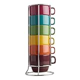 Fall Rainbow Stacking Ceramic Coffee Mugs Set & Chrome Rack - 6 Piece