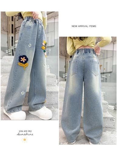 HBER Girl’s Baggy Straight Leg Jeans Casual Y2K Cute Embroidered Elastic Waist Loose Fit Denim Pants for Kids Teen Girls2