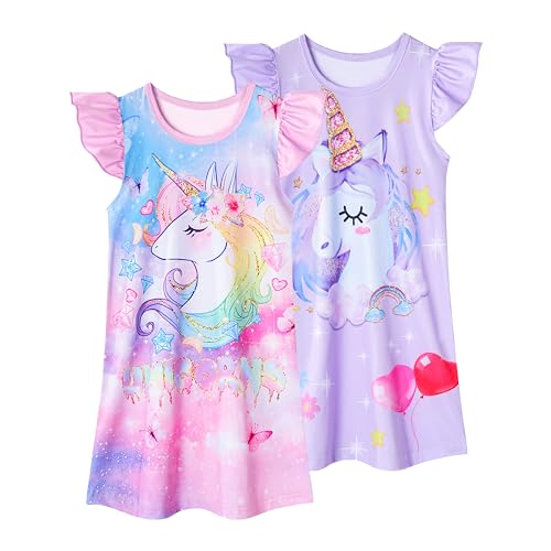 LQSZ 2Pcs Girls Nightgowns 3-10 Years Flutter Short Sleeves Dress Nightdress Sleepwear Pajamas Nightgowns for Girls