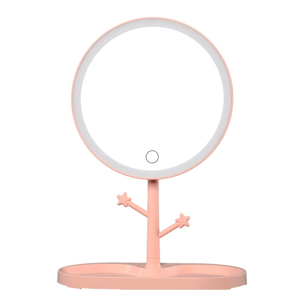 FLYIODFCXV Cosmetic mirror, LED Makeup Mirror with Light Ladies Lamp with Storage Desktop Rotating Round Shape Cosmetic Mirrors(Pink)