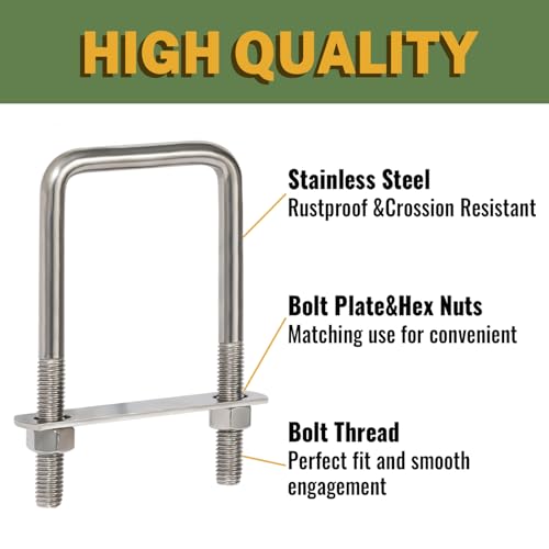Image of LIONMAX U Bolts 3 Inch Wide, 5 Pack, 1 /2 inch D x 3-1 /16 inch W x 5-5 /16 inch L, M12 | Stainless Steel Square U Clamp, Corrosion Resistant, with Plates, Washers, Nuts, Heavy Duty for Trailer, Boats, Tube, 3 inch Wide