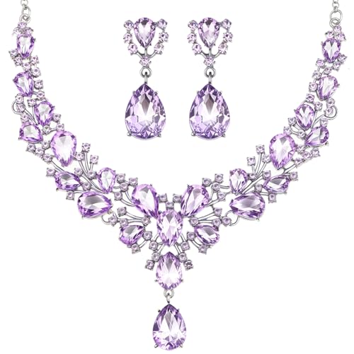 Hicarer Bridal Teardrop Cluster Crystal Jewelry Set for Women Necklace Earrings Wedding(Light Purple)