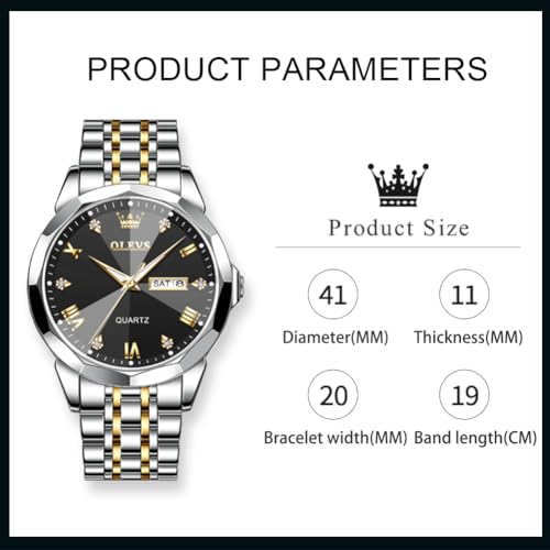 OLEVS Watch for Men Analog Quartz Dress Diamond Business Watches Two Tone Stainless Steel Waterproof Luminous Date Luxury Wrist Watch