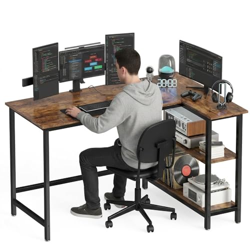 Image of L Shaped Reversible Desk| Gaming Table, Computer Corner Desk, Home Office Writing Desk with Shelf, Space-Saving Workstation Table| 130x90x75 cm| Rustic Brown