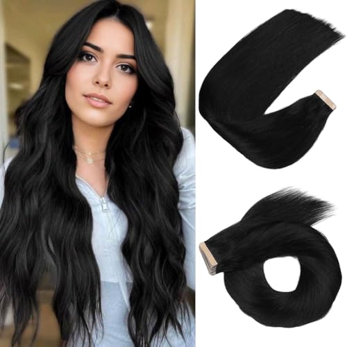 Image of Human Hair Tape in Extensions Jet Black 18 Inch 20pcs Seamless Skin Weft Tape in Hair Extensions Double Sided Remy Invisible Human Hair Straight (1#,18 Inch)