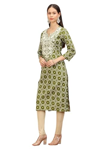 Image of Cotton Culture Mehndi Green Jaipuri Cotton Embroidered Straight Kurta